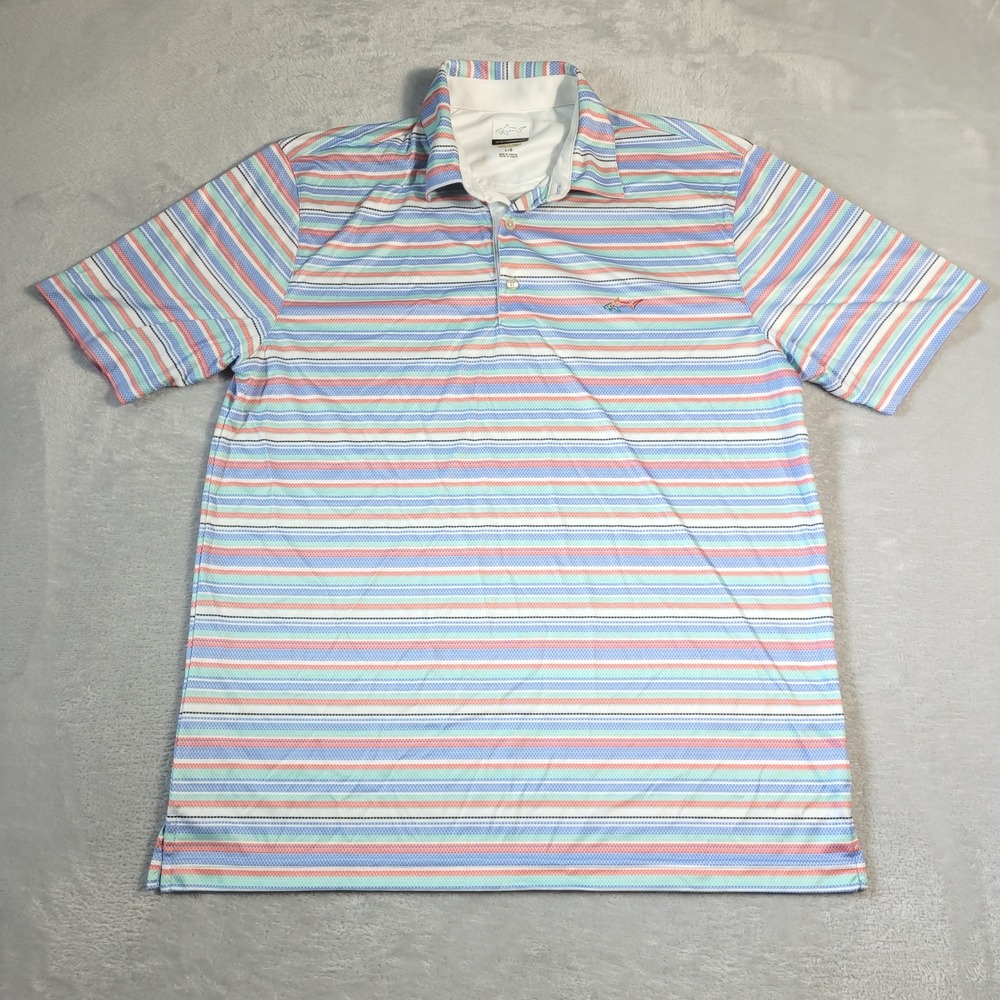 Greg Norman Polo Shirt Men L Multicolor Pastel Striped Play Dry Performance Golf